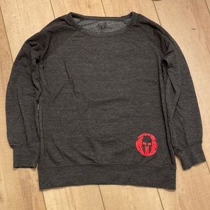 Spartan sweatshirt red logo “just warming up” down the back fits like a small